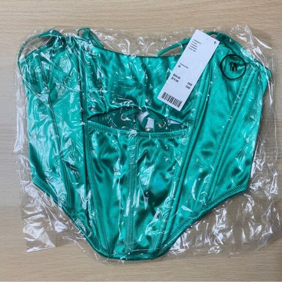 Urban Outfitters | Spitfire Sweettalk Cut Out Corset New Medium Green Satin Sexy - Picture 6 of 8